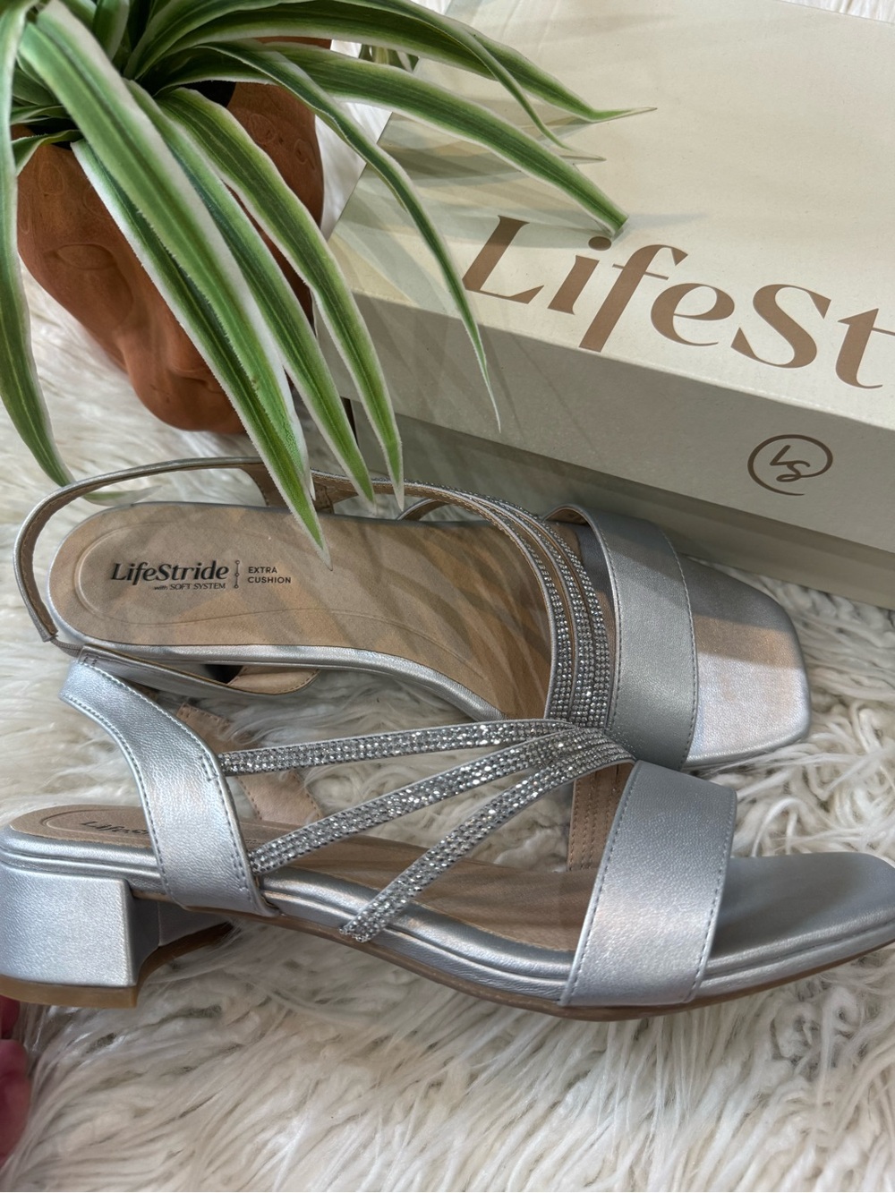 Life Stride Silver Slingback Low Block Heel Sandals with Rhinestone Straps